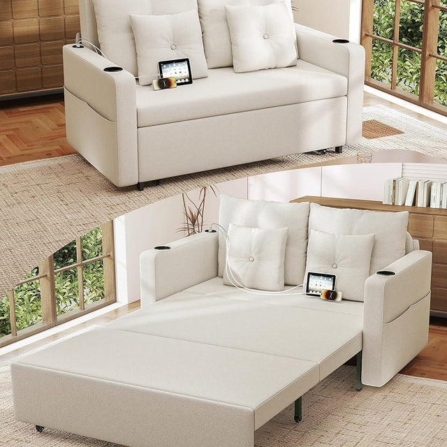Krcix 3 in 1 Pull Out Couch, 56 Inch Convertible Sleeper Sofa Bed, Loveseat with Cup Holders, Storage Pockets, USB, Sofa Couches for Living Room, Bedroom, Apartment, Beige