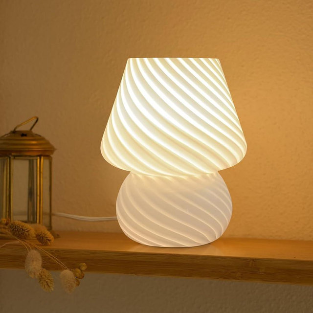 ONEWISH Mushroom Lamp-Small Bedside Table Lamp with Striped Glass, Nightstand Lamp for Bedroom, Living Room, 3000K E26 Bulb Included(White)