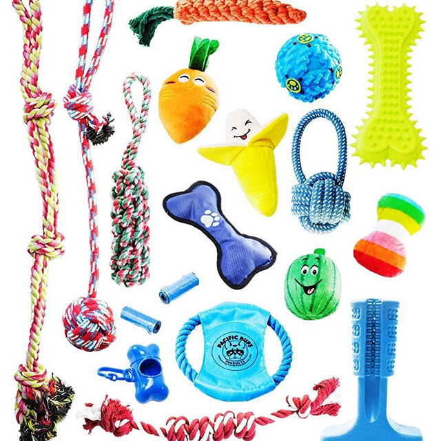 Pacific Pups Products supporting PacificPupRescue.com - 18 Piece Dog Toy Set with Dog Chew Toys, Rope Toys for Dogs, Plush Dog Toys and Dog Treat Dispenser Ball - Supports Non-Profit Dog Rescue