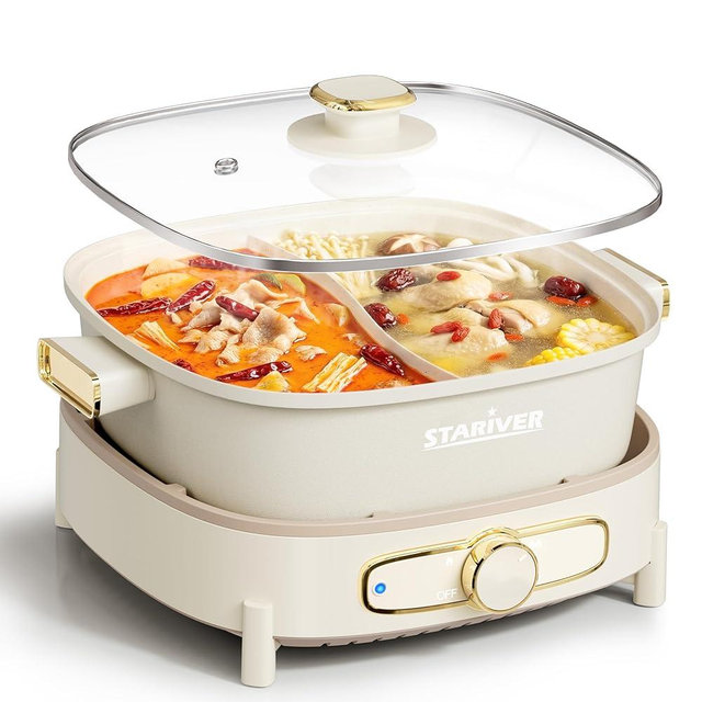 Stariver Hot Pot Electric with Divider, Large 6L Nonstick Double-Flavor Electric Shabu Shabu Pot, 1500W Hotpot with 3 Power Settings, Perfect for Family Dinners & Parties,White