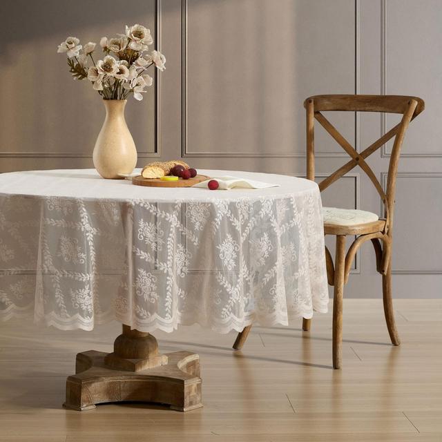 HLC.ME Isabella Floral Patterned Scalloped Tablecloth, Wrinkle Resistant, Lace Fabric Table Cloth for Round Tables - Linen Taupe, 90 Round
