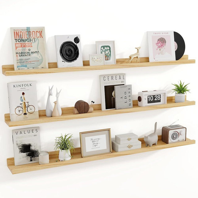 RICHFOCUS Floating Shelves for Wall, 55 inch Solid Wood Picture Ledge Shelf for Wall Storage, Nursery Book Shelves with Lip for Living Room Bathroom Bedroom Kitchen, Set of 3, Natural