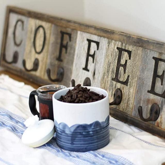 Barnwood Coffee Mug Rack Wall Mounted, Hanging Cup Holder, Decorative Display Storage for the Kitchen, Wooden Farmhouse Cafe Sign