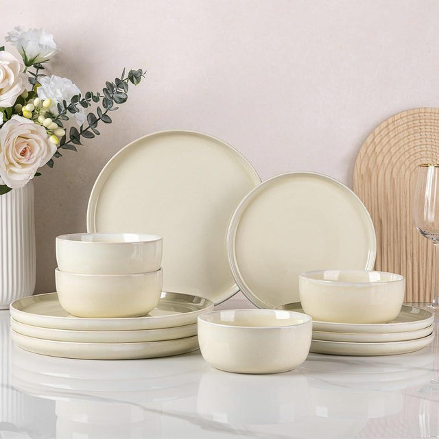 AmorArc Stoneware Dinnerware Sets for 4,Round Reactive Glaze Ceramic Plates and Bowls Set,Highly Chip and Crack Resistant | Dishwasher & Microwave Safe Dishes Set,Service for 4 (12pc)