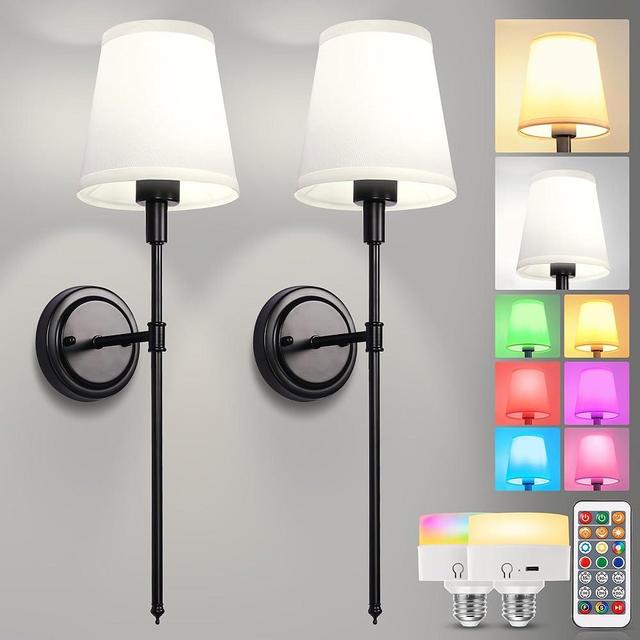 DORESshop Battery Operated Wall Sconce Set of Two, Balck Wall Sconces with Dimmable and Adjustable Bulb, Remote Control, Easy to Install Not Wires, Wall Light for Bedroom, Livingroom