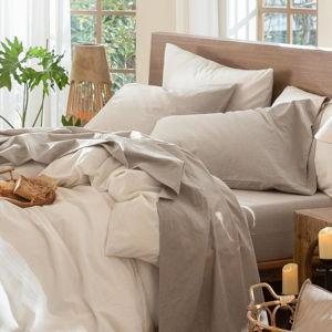 MooMee Bedding Sheet Set 100% Washed Cotton Linen Like Textured Breathable Durable Soft Comfy (Heathered Tannish Linen Grey, Full)