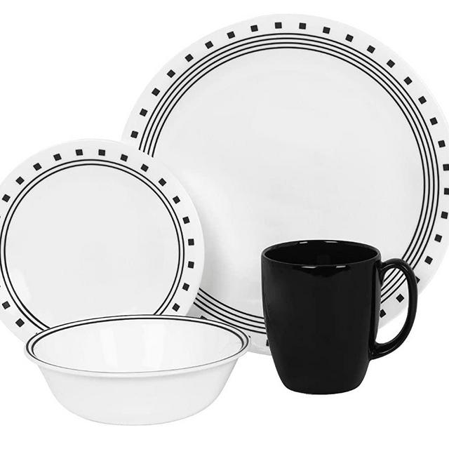 Corelle Livingware 16-Piece City Block Design Dinnerware, with Service for 4, Features Chip and Break Resistant Glass, is Microwave, Oven and Dishwasher Safe, with Bold and Bright Patterns, Scratch and Fade Resistant, with Stackable Design for Easy Storage