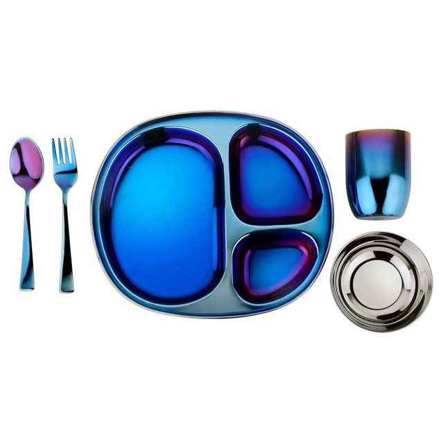 Ahimsa Kids and Toddler Plate and Bowl Set | Pediatrician Designed - Mindful Mealtime 5 Piece Stainless Steel Dish Set | Includes Divided Plate, Utensils, Cup, Bowl | 100% BPA Free (Iridescent Blue)