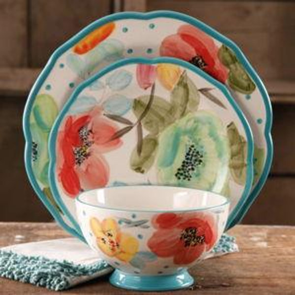The Pioneer Woman Vintage Bloom 12-Piece Dinnerware Set, Turquoise