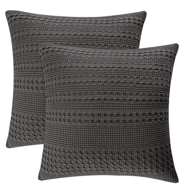 PHF 100% Cotton Waffle Weave Euro Sham Covers, 2 Pack 26" x 26" Bed Pillow Covers for Elegant Home Decor, No Filling, Luxury Aesthetic Soft Euro Pillow Cases for Bed, Charcoal Grey