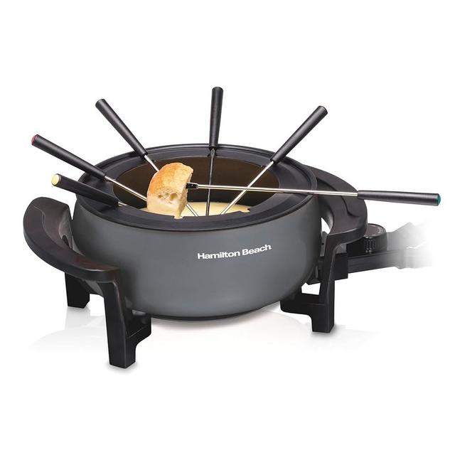 Hamilton Beach 12 Cup Electric Fondue Pot Set with Temperature Control, 6-Color Coded Forks, for Cheese, Chocolate, Hot Oil, Broth, 3 Quart PFAS-Free Nonstick Interior, Gray