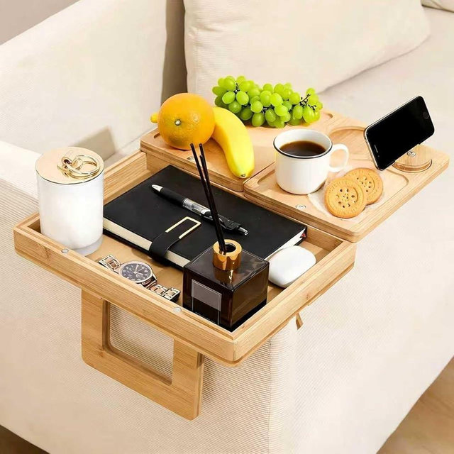 4 in 1 Bamboo Couch Arm Tray, 360 Rotated Adjustable Sofa Armrest Tray Table with Storage for Couches, Snacks & Drinks, Couch Armrest Table with Armchair Caddy Organizer for Living Room