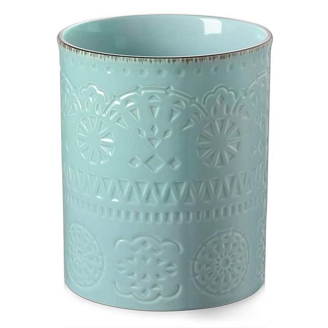 LIFVER Kitchen Utensil Holder, 6.6" Ceramic Utensil Crock with Cork Base, Classical & Embossed Design Utensil Holders, Organizing the Countertop, Stability & No Tipping Over, for Home Decor, Blue