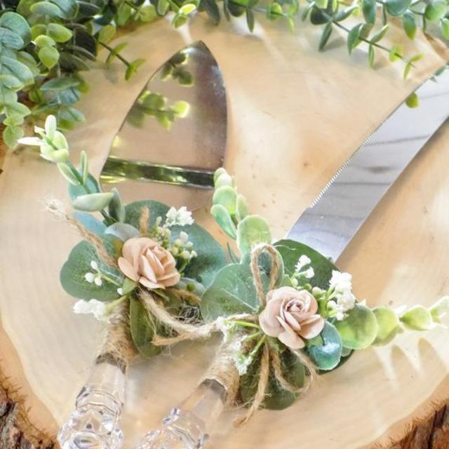 Eucalyptus & Babies Breath Wedding Cake Serving Set | Cake Serving Knife | Cake Server Knife Set Wrapped in Twine | Floral Wedding Accents