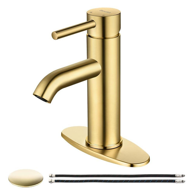 Brushed Gold Single Handle Bathroom Sink Faucet, Becaa Single Hole Modern Faucet with Assembled Supply Hoses & Pop-up Drain for Bathroom Vanity Lavatory, 1 Hole or 3 Holes
