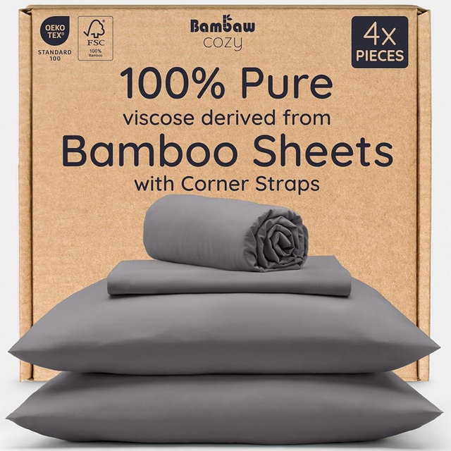 Bambaw 100% Viscose Derived from Bamboo Queen Sheet Set – 4pcs Soft Bedding Set, Deep Pocket Queen Cooling Sheets Fits Up to 16'' with Elastic Corner Straps (Dark Gray)