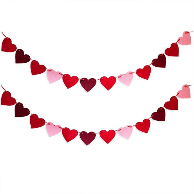 48Pcs Heart Garland Banner for Valentines Day Decorations Red Pink Heart Felt Banners Garland for Fireplace, Anniversary, Wedding, Engagement Party Home Decor