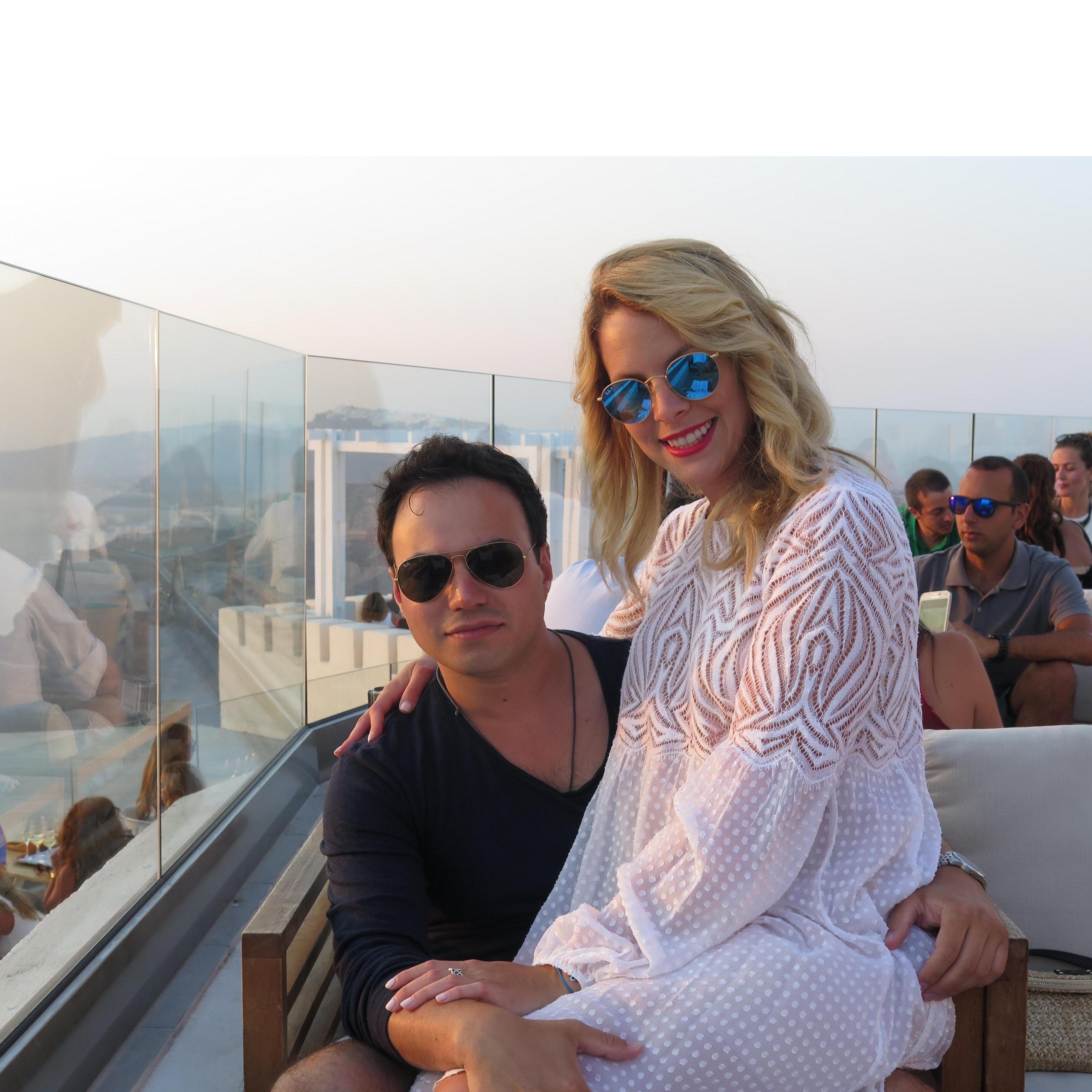 At one of our favorite spots, Santo Wines, in Santorini.