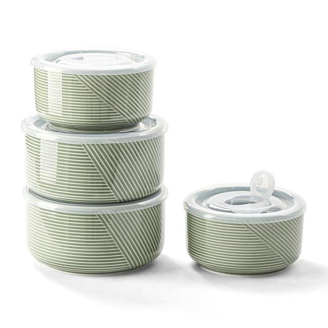 Adewnest Ceramic Nesting Bowls with Lid: Microwave Safe Food Storage Containers for Work Lunch Picnic Camping Meal Prep Soup Salad Cereal Leftovers - 5 & 6 Inch, 20 & 32 oz, Set of 4, Green