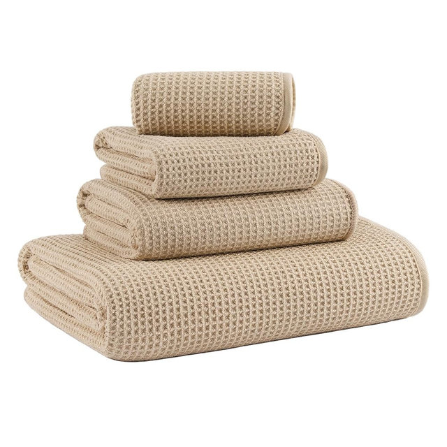 MICROFI Waffle Weave Bath Towel Set, Microfiber, 4 Pieces (Body/Hair/Hand/Face), Quick Dry, Lightweight, Super Absorbent, Lint Free, 380 GSM (Beige)