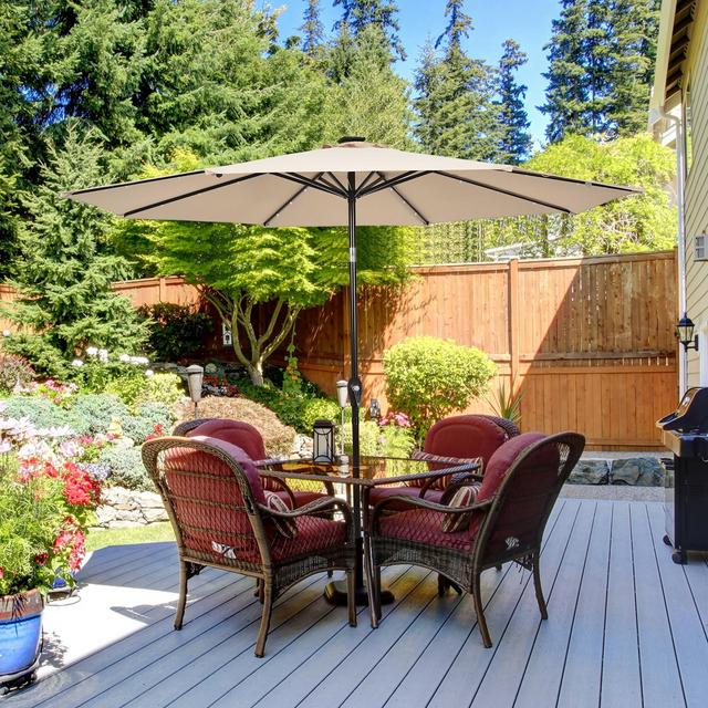 Costway 10' Solar LED Lighted Patio Market Umbrella Shade Tilt Adjustment Crank Beige