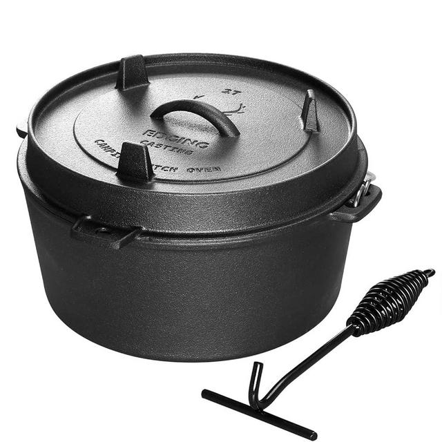EDGING CASTING Pre-Seasoned Cast Iron Camping Dutch Ovens, Outdoor Camping Dutch Oven Pot with Lid Tripod, 6QT