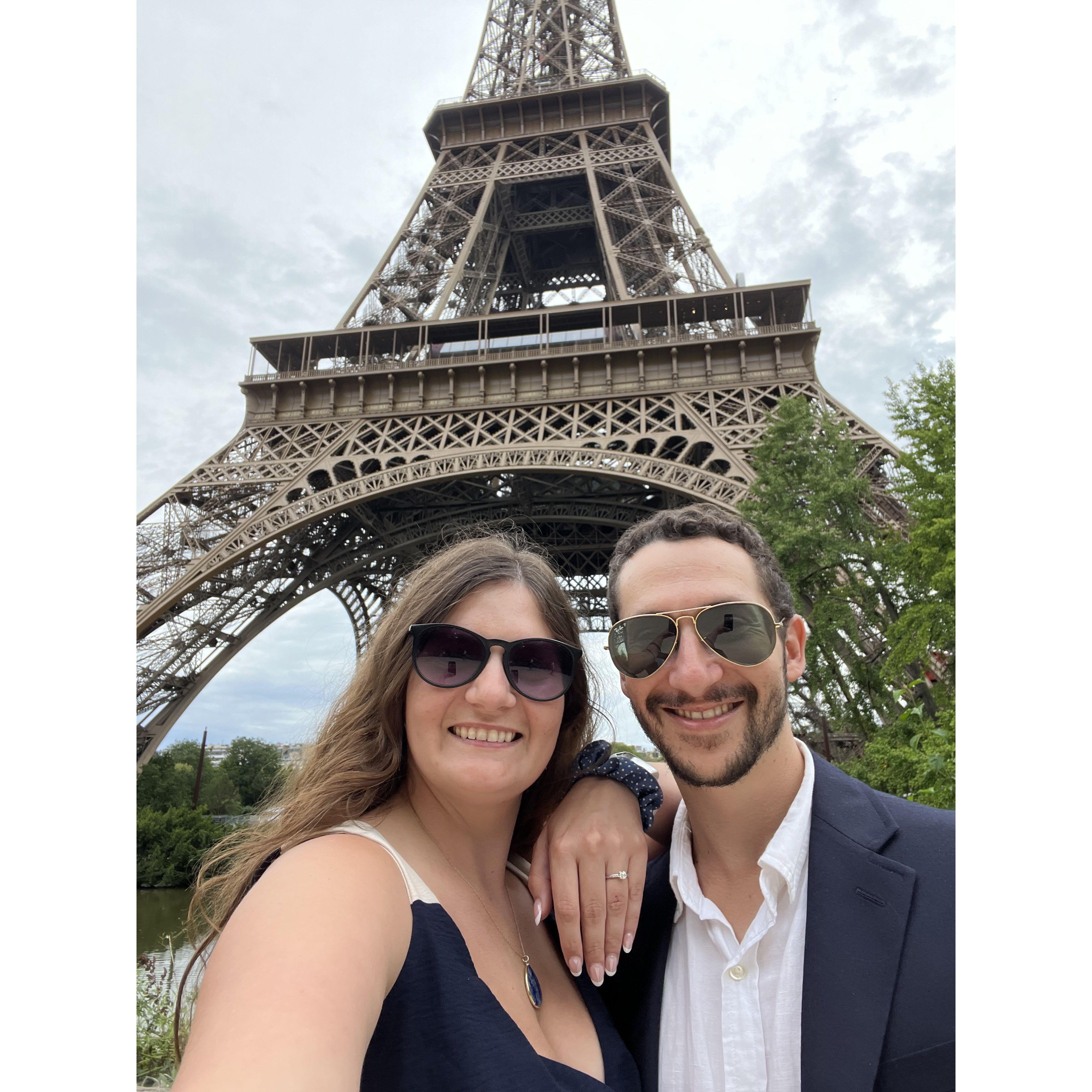 Engagement photo in front of the Eiffel Tower after Todd Proposed