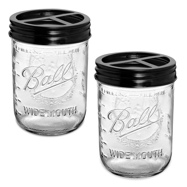 Bonris 2Pcs Mason Jar Toothbrush Holder 16oz Glass with Rustproof Stainless Steel - Farmhouse Décor Bathroom Toothbrush Holder（Black）