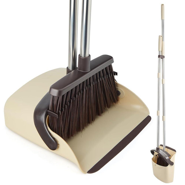 OOOFLOWER Broom and Dustpan Set, Dustpan Combo with 51" Stainless Steel Long Handle Brooms with 5-Layer Soft Bristles for Home Office Kitchen Bathroom(Beige)