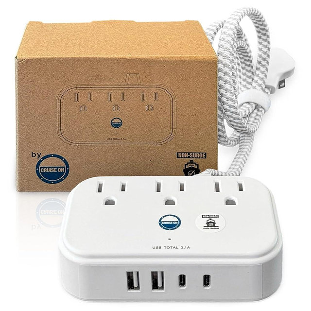 Cruise Approved Non Surge Wall Charger [2 USB, 2 USB-C, 3 AC] with 3.3 ft Extension Cord - Cruise Essentials for Carnival, Celebrity, Princess, NCL, Holland America & major Cruise Lines in 2024 & 2025