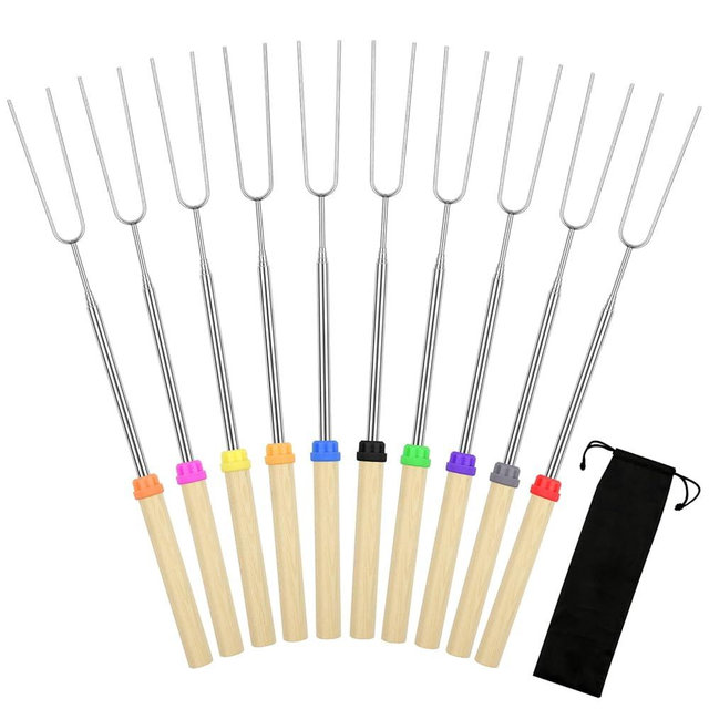 10 Pack Smores Sticks, 32 Inch Marshmallow Roasting Sticks for Fire Pit, Extendable Roasting Skewers with Bag, Hot Dog Fork, Smores Kit for Campfire Camping Essentials