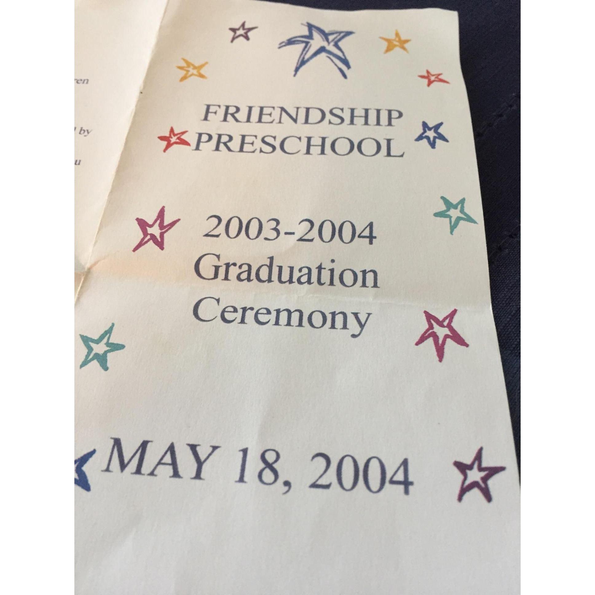 The Friendship Preschool Graduation Ceremony pamphlet (see next photo for our names next to each other)