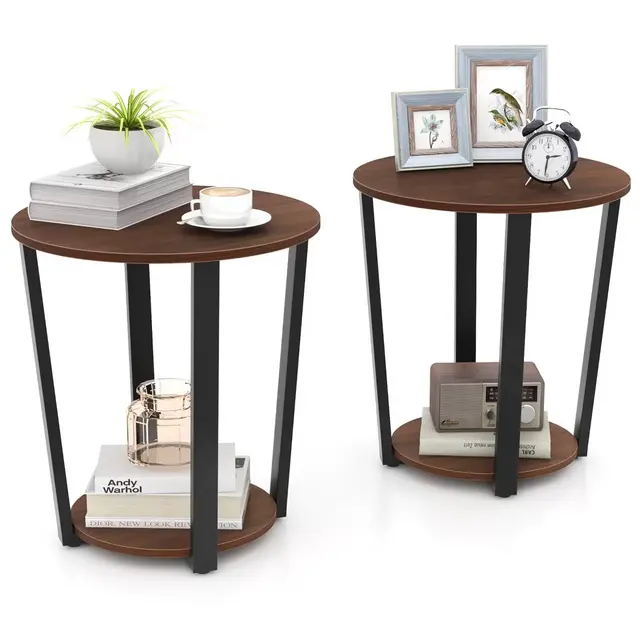 Tangkula Industrial End Table Sofa Side Table Set ot 2 Nightstand w/ Storage Shelf