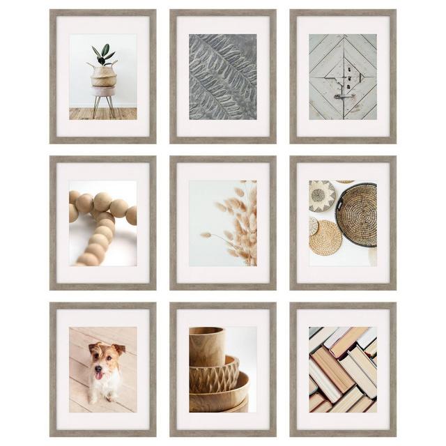 9pc 8" x 10" Gallery Wall Picture Frame Set with Decorative Art Prints/Hanging Template Gray - Instapoints