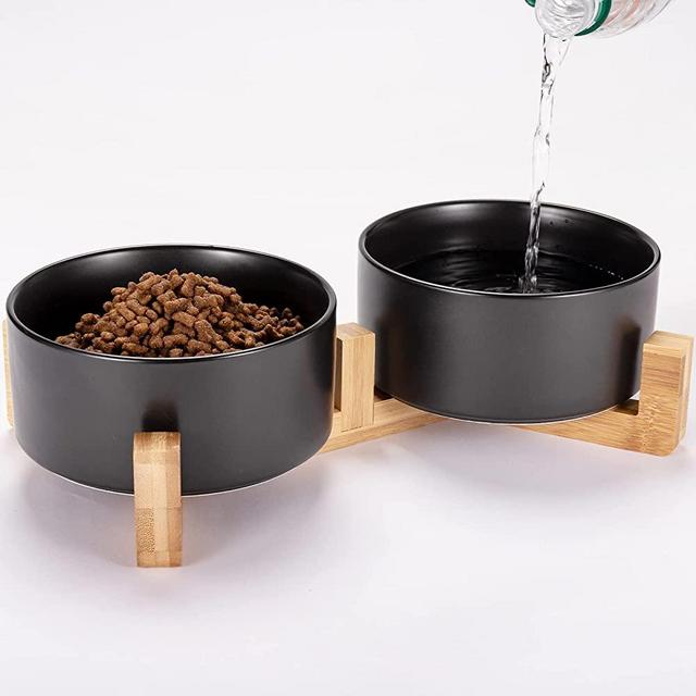 Dog Bowl, Raised Dog Food and Water Bowl, Ceramic Dog Bowl Set with Non-Slip Wood Stand for Medium Sized Dog and Cat, 28.74oz
