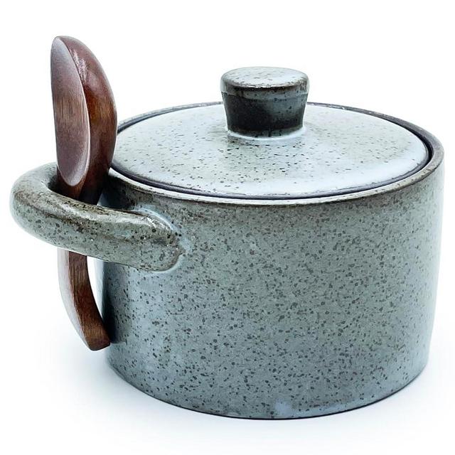 EWEIGEER Ceramic Salt Cellar With Lid & Spoon,8oz Salt Container For Countertop,Sugar Bowl,Spice Jar(Gray)