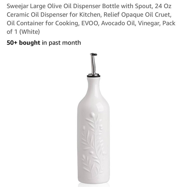 Sweejar Large Olive Oil Dispenser Bottle with Spout, 24 Oz Ceramic Oil Dispenser for Kitchen, Relief Opaque Oil Cruet, Oil Container for Cooking, EVOO, Avocado Oil, Vinegar, Pack of 1 (White)