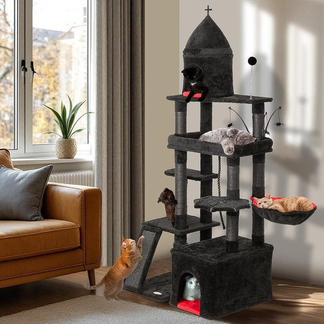 BELLIVUE Large Cat Tree Tower for Large Cats, Cat Scratching Post, Self Grooming Post, Interactive Cat Toys, Oversized Perch and Basket, Heavy Duty 72", Black and Red