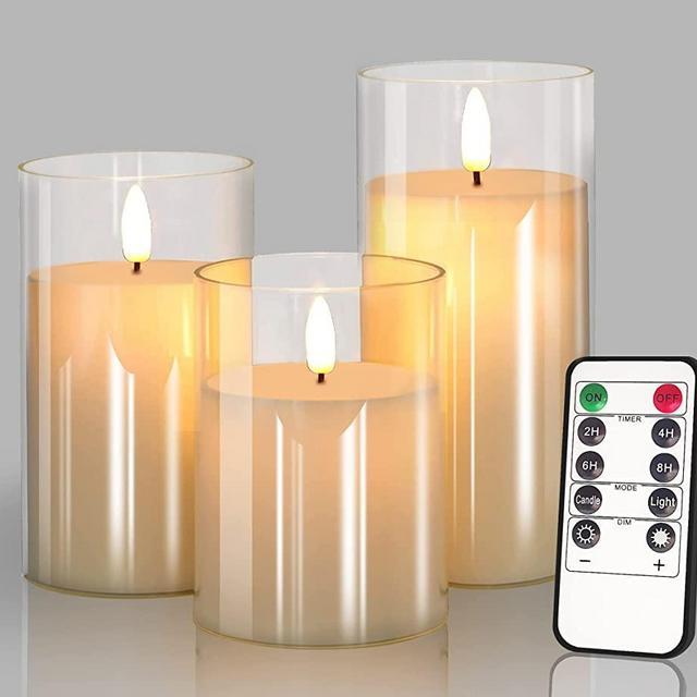 Glass Battery Operated LED Flameless Candles with10-Key Remote and Timer, Real Wax Candles Warm Color Flickering Light for Festival Wedding Home Party Decor(Pack of 3)-White