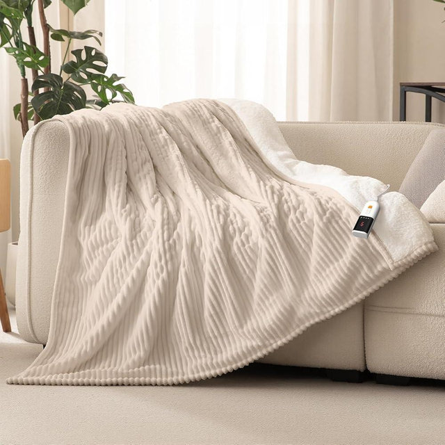 Reaks Electric Heated Blanket Twin, Silky Soft Flannel & Sherpa Twin Electric Blanket with 9 Heat Levels & 2-10 Hours Auto Off, Warm Gifts for Women Mom Grandma, ETL Certified (62x84 inches, Beige)