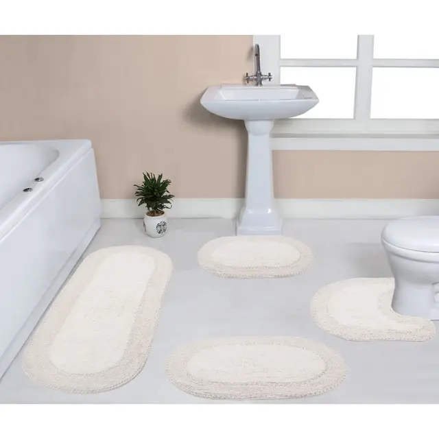 Set of 4 Double Ruffle Collection Ivory Cotton Ruffle Pattern Tufted Bath Rug Set - Home Weavers