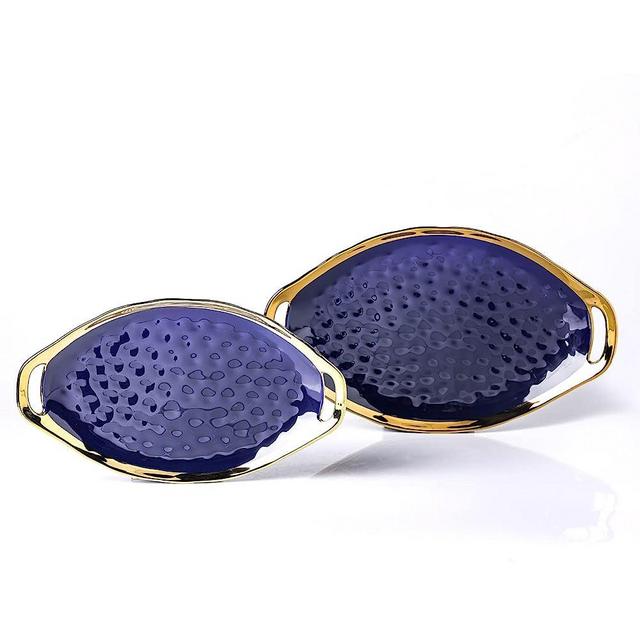 Stone Lain Florian Porcelain 2-Piece Oval Plate with Handle Set, Blue
