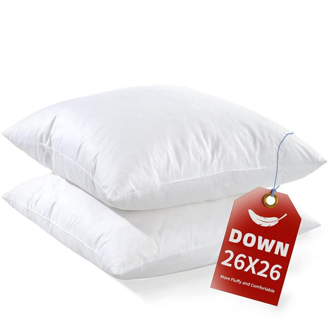 YSTHER 26x26 Euro Pillow Inserts Set of 2, Premium Down Feather Pillows for Couch & Bed - Hypoallergenic, Machine Washable, Fluffy Decorative Throw Pillow Inserts (White)