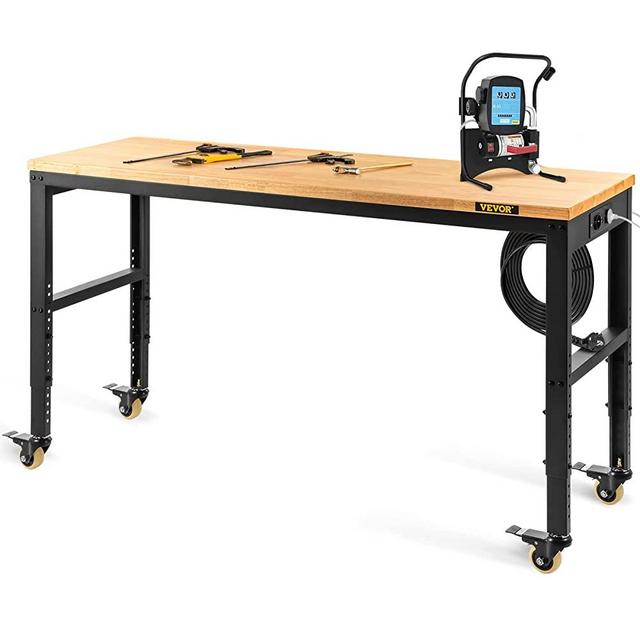 VEVOR Workbench Adjustable Height, 48" L X 24" W X 40.9" H Garage Table w/ 31.2" - 40.9" Heights & 1600 LBS Capacity, with Power Outlets & Hardwood Top & Metal Frame & Swivel Casters, for Office Home