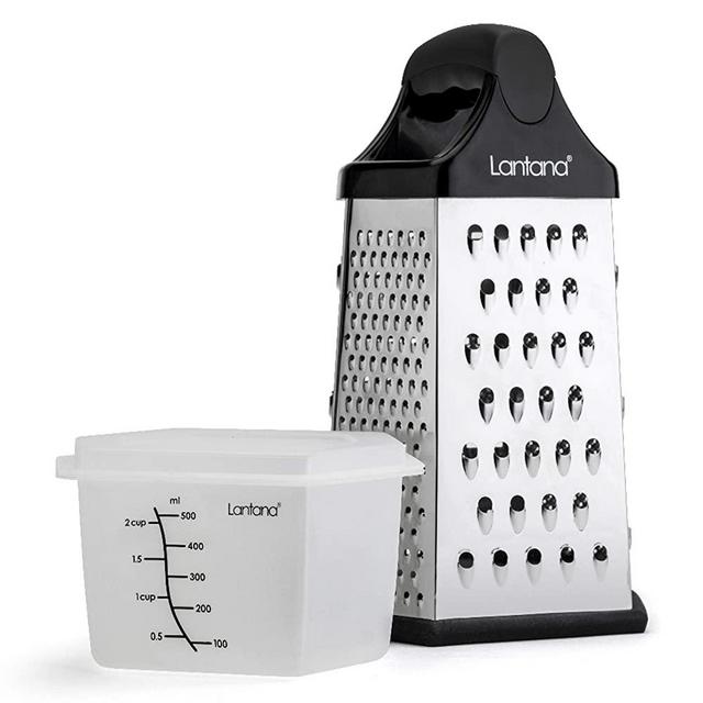 Lantana Cheese Grater with Container & Lid – Hand held Grater/Slicer/Zester with 6 Essential Kitchen functions for Coarse, Medium, Fine, Micro-Grating/Zesting/Slicing - Black/Polished Stainless Steel