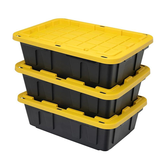 CX BLACK & YELLOW®, 15-Gallon Heavy Duty Tough Storage Container & Snap-Tight Lid, (9.5”H x 20.6”W x 30.6”D), Weather-Resistant Design and Stackable Organization Tote [3 Pack]