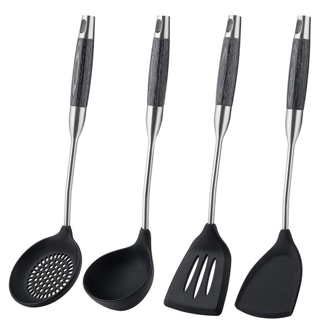 FJNATINH Silicone Wok Spatula,Slotted Spatulas,Ladle,Skimmer Ladle Tool Set,Non Stick Heat-Resistant Cooking Utensils BPA Free Kitchen Utensils Cookware (Black Stainless Steel-4PCS)