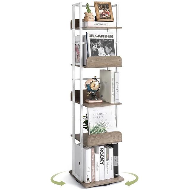 Bikoney Bookshelves 5-Tier, Rotating Bookshelf Tower for Corner, Small Bookcase, Tall Industrial Bookshelf, Narrow Bookshelf, Wood and Metal White
