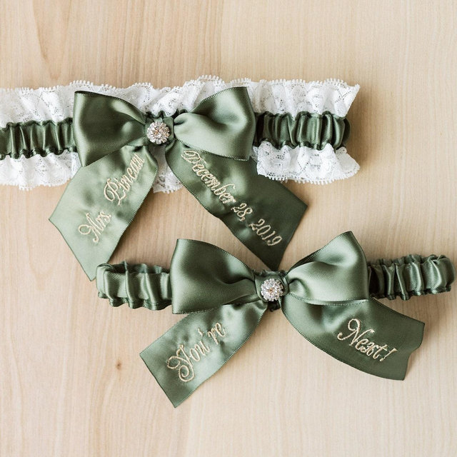 Moss Green Embroidered Bridal Garter Set With White Lace, You're Next Bridal Garter Set, Personalized Green Garter Set With Luxury Gift Box