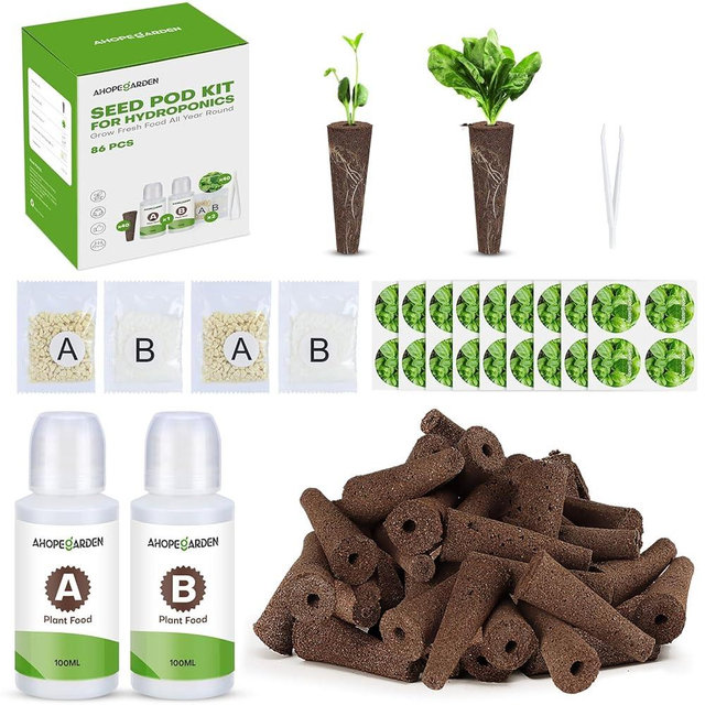 Ahopegarden 86PCS Hydroponic Pods Kit: Grow Anything Herb Kits with 600ml A&B Plant Food, 40 Grow Sponges, 40 Labels, 1 Tweezer - Hydroponics Supplies for Aerogarden&Most Brand Herb Garden